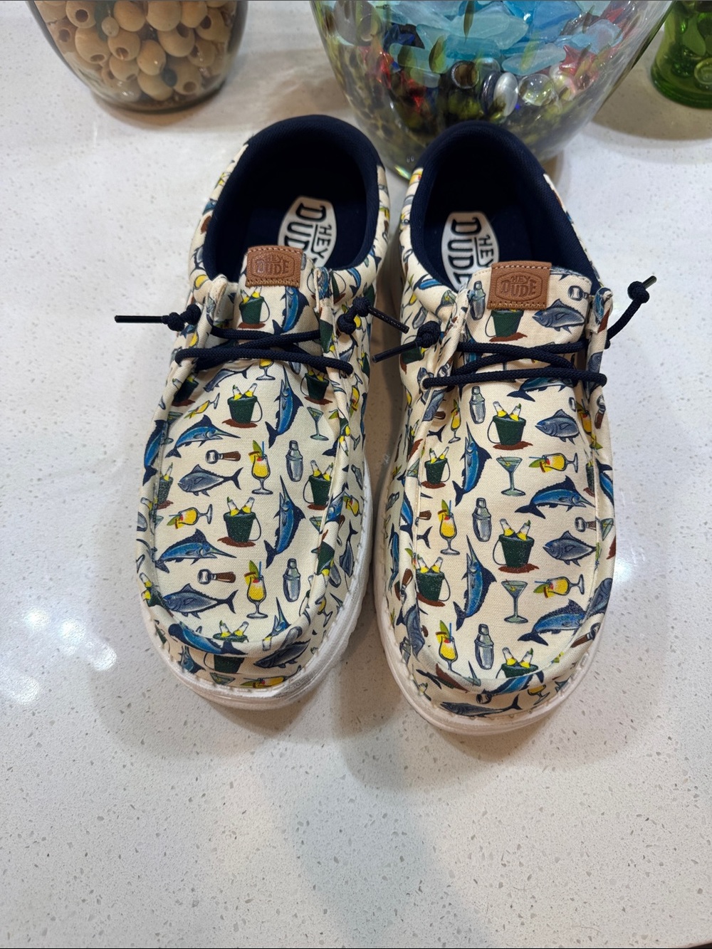 Hey Dude Cream Canvas Loafers with Nautical Fish & Cocktail Print